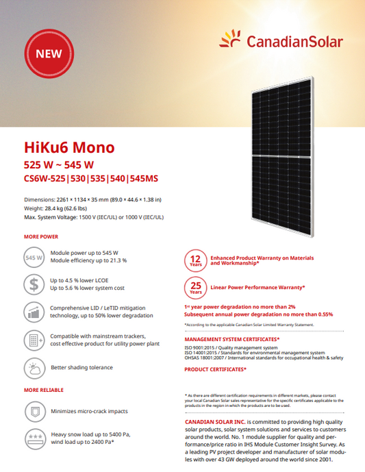 Canadian 545W Monocrystaline Solar panel