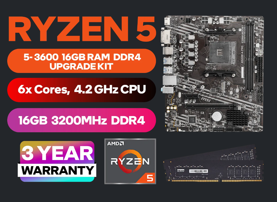 AMD RYZEN 5 3600 A520M-A PRO 16GB 3200MHz Upgrade Kit (OEM No Packaging) + KLEVV 16GB (8GB x 2) 3200MHz DDR4 Desktop Memory  (OEM No Packaging) / Discrete GPU Required - No Integrated Graphics + Standard Cooler