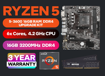 AMD RYZEN 5 3600 A520M-A PRO 16GB 3200MHz Upgrade Kit (OEM No Packaging) + KLEVV 16GB (8GB x 2) 3200MHz DDR4 Desktop Memory  (OEM No Packaging) / Discrete GPU Required - No Integrated Graphics + Standard Cooler